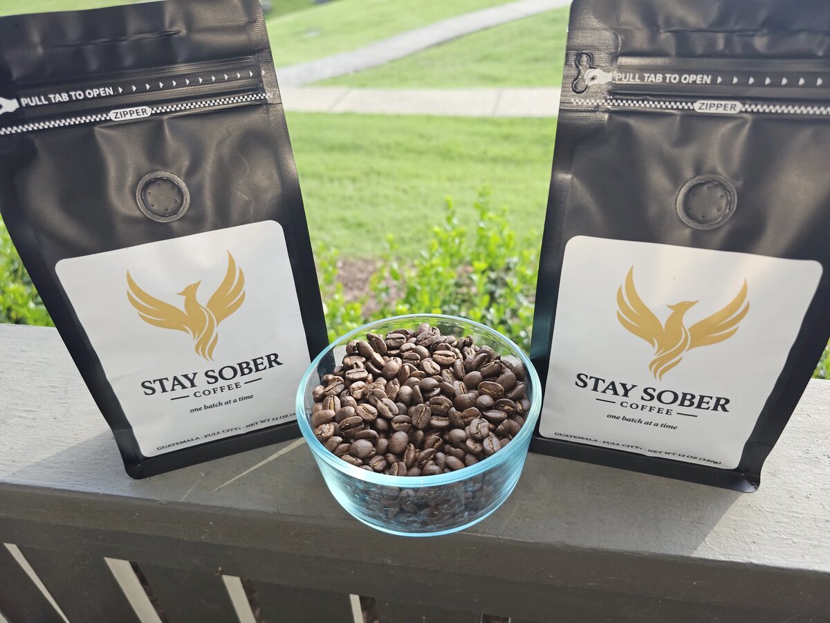 Two bags of Stay Sober Coffee with fresh-roasted beans